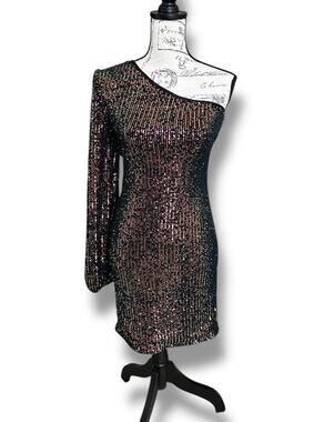 Cefian Navy Blue Sparkle Sequin One Shoulder Dress Medium NWT